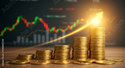 Stacks of gold coins with an upward trend graph, symbolizing financial growth, investment success, and stock market profits.