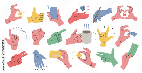 Set of hands gestures in doodle style. Finger gesturing human arms set., heart and money, handshake. Thumb finger up. Pointing forefinger, pencil and bank card