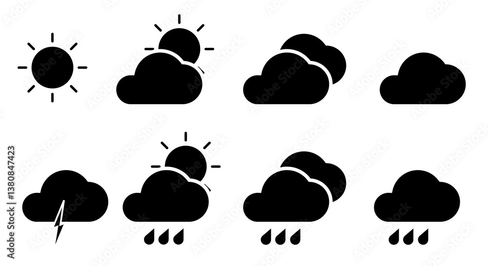 Collection of weather vector icons. Weather icon isolated on white background. Contains sun, cloud, rain, summer, spring, cloudy season and thunder weather. Climate symbol. Vector illustration Collection of weather vector icons. Weather icon isolated on white background. Contains sun, cloud, rain, summer, spring, cloudy season and thunder weather. Climate symbol. Vector illustration