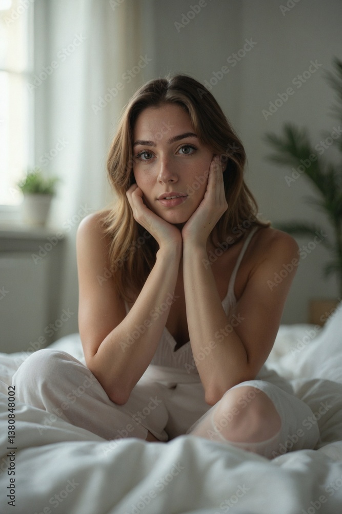 Peaceful Woman Relaxing on Her Bed in a Bright Bedroom with a Plant, Enjoying a Quiet Moment of Comfort and Simplicity at Home Peaceful Woman Relaxing on Her Bed in a Bright Bedroom with a Plant, Enjoying a Quiet Moment of Comfort and Simplicity at Home