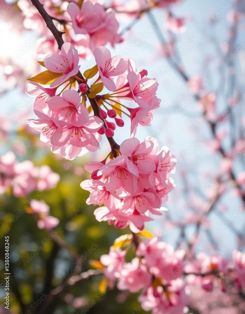 Fototapeta premium Delicate pink cherry blossoms, softly falling on a sunlit spring day, asian, peaceful, springtime