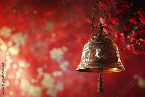 Bronze Decorative Bell Hanging Amidst Vibrant Red Flowers During a Festive Ce...