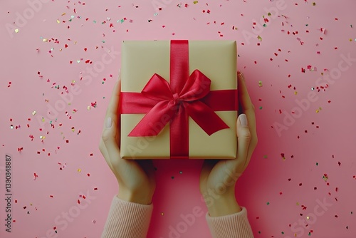 Hands Holding a Gift Box Wrapped in Brown Paper With Red Ribbon and Confetti ...