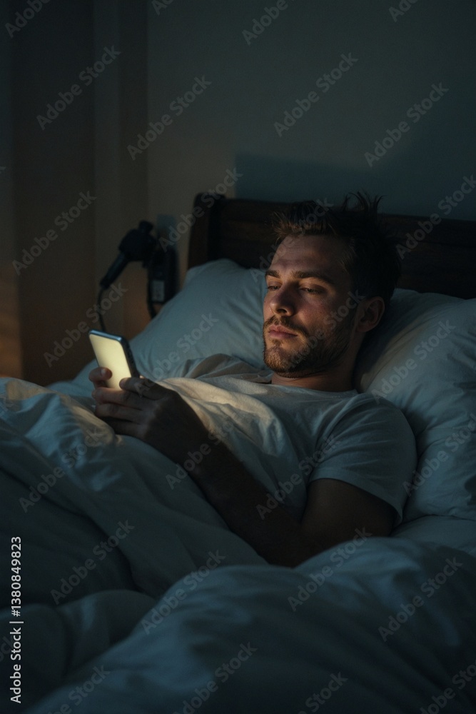 Fototapeta premium Man Using Sleep Tracker Application on Mobile Phone Before Sleep, Analyzing Data for Better Sleep and Restful Night