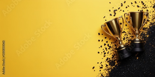 Wallpaper Mural Golden Trophies on a Yellow Background With Black Splatter Highlight Success and Achievement Torontodigital.ca