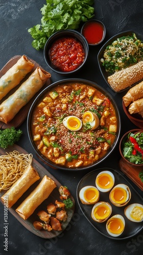 Delicious Assortment of Spring Rolls and Vegetables Served on a Black Platter...