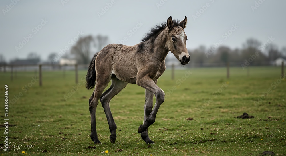 Young Horse Running in Field on a Cloudy Day with Green Grass Young Horse Running in Field on a Cloudy Day with Green Grass