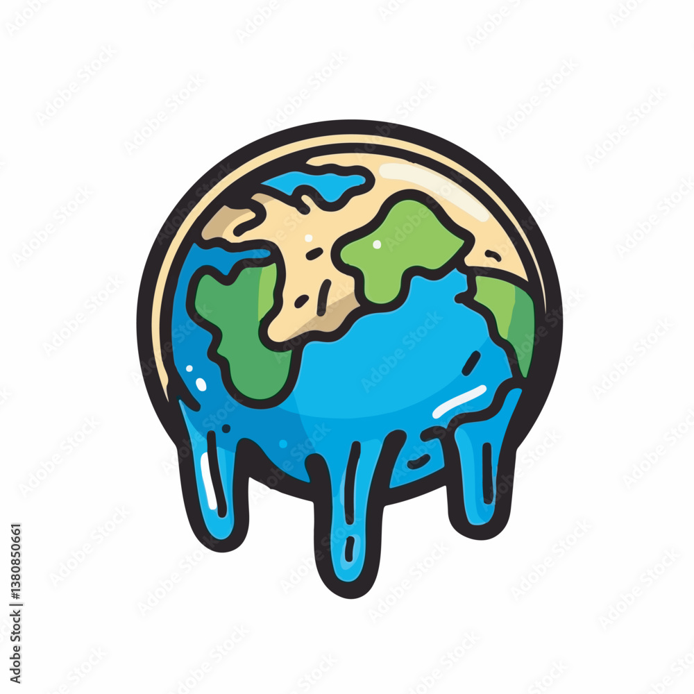 Cartoon planet melts amid warming climate danger theme Cartoon planet melts amid warming climate danger theme