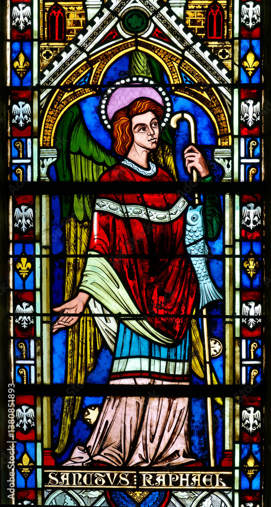 Stained glass (19th century) of Archangel Raphael, chief guardian angel and patron saint of travelers. Stained glass (19th century) of Archangel Raphael, chief guardian angel and patron saint of travelers.