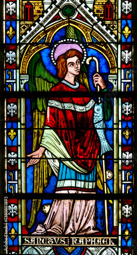 Canvas Print Stained glass (19th century) of Archangel Raphael, chief guardian angel and patron saint of travelers