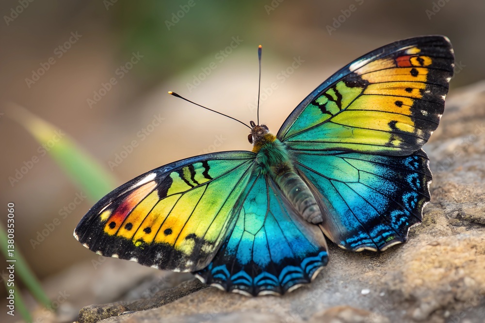 Colorful Butterfly with Open Wings Displaying a Stunning Gradient Pattern in Nature. created with generative ai technology.