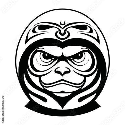 A black and white vector silhouette of a traditional Daruma doll with a clean, minimalist outline on a white background