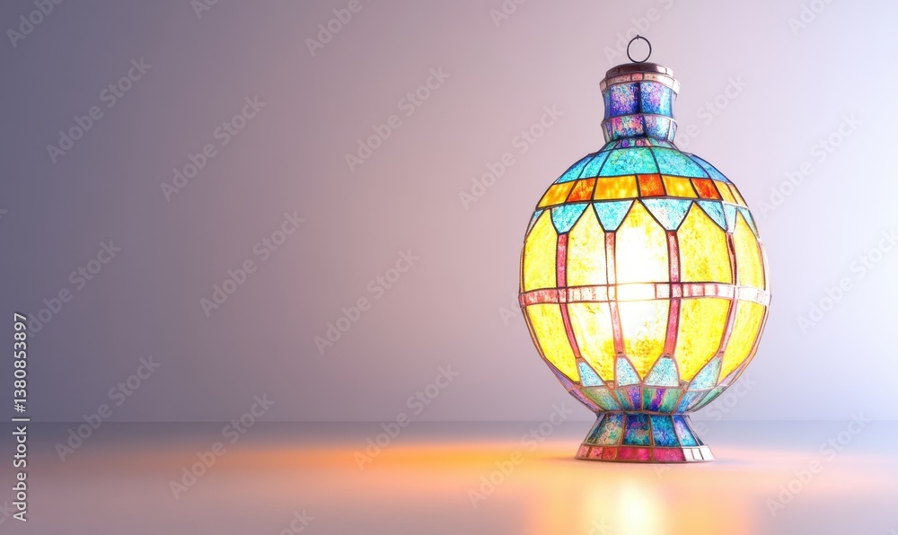 Obraz premium Glowing stained glass lantern on plain background, ideal for Ramadan or cultural themes
