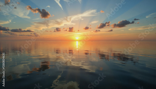 Wallpaper Mural A serene sunset over a calm sea, with the sun setting behind a of clouds, casting a warm glow across the horizon and reflecting beautifully on the waters surface Torontodigital.ca