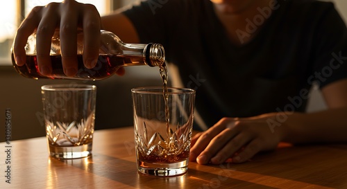 Wallpaper Mural Amber liquid pours into cut-glass tumbler; illuminated wood table, contemplative mood. Torontodigital.ca