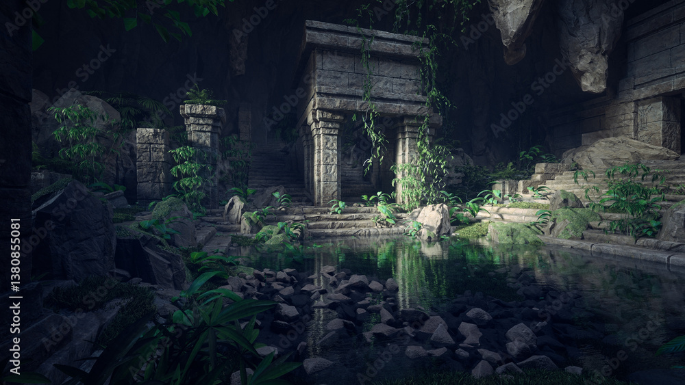 Fototapeta premium Ancient underground overgrown fantasy temple ruin in a cave with stone buildings and stairs lit by sunlight from above. 3D rendered illustration.
