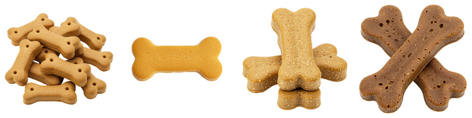 Crunchy boneshaped dog treats in various styles.