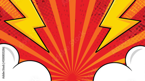 Dynamic Comic Book Explosion Red Sunburst, Lightning Bolts, Speech Bubbles