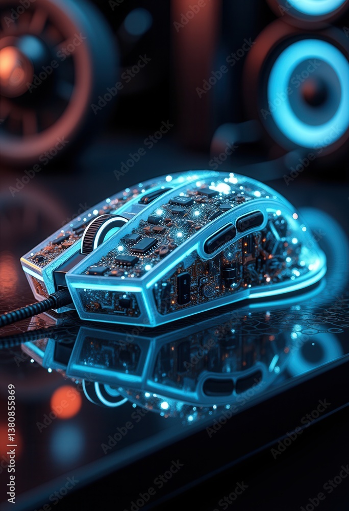 Fototapeta premium High-tech wireless computer mouse illuminated on dark background 