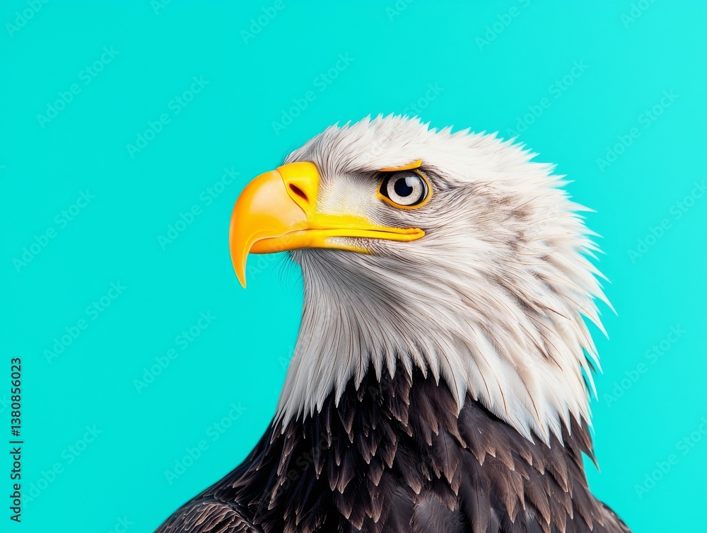 Fototapeta premium Majestic Bald Eagle Portrait Against Vibrant Aqua Background Wildlife Photography Close-Up Nature Artistic Concept
