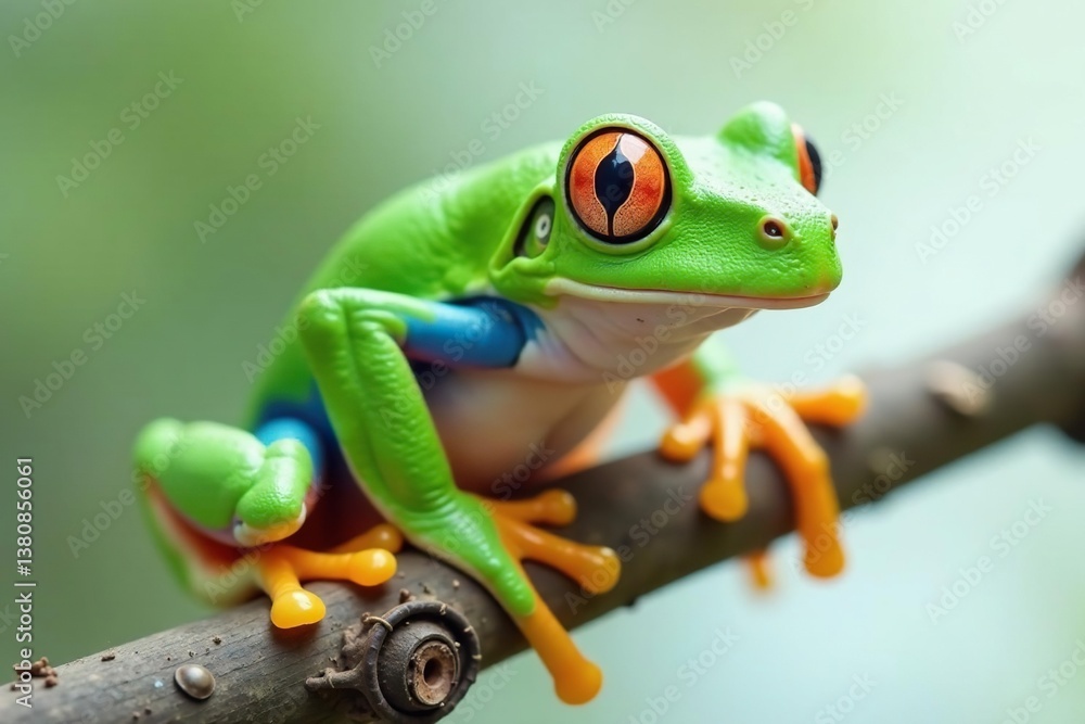 Naklejka premium Green tree frog perched on white, vibrant skin details, texture, detail