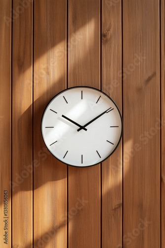 Wallpaper Mural Clock on wood paneling illuminated by sunlight. A minimalist aesthetic for timekeeping in any space. Torontodigital.ca