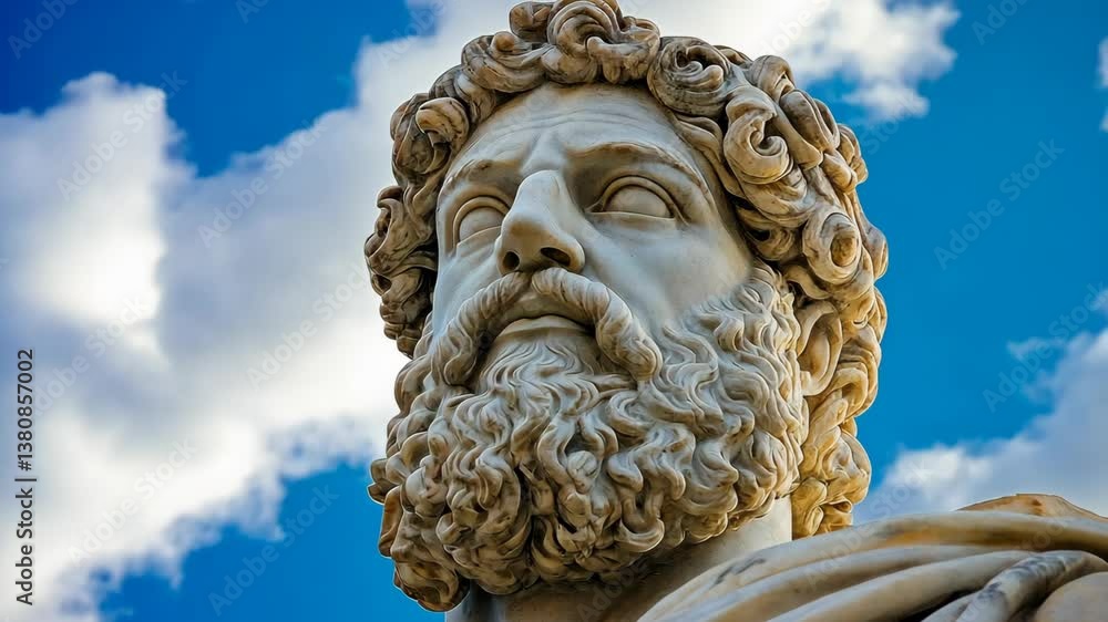Statue of a classical god against a blue sky with clouds during daylight Statue of a classical god against a blue sky with clouds during daylight
