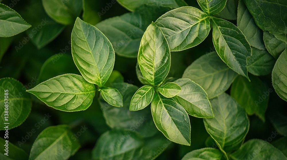 Fresh green basil leaves growing in lush garden, showcasing vibrant organic herbs with intricate vein patterns and rich emerald hues Fresh green basil leaves growing in lush garden, showcasing vibrant organic herbs with intricate vein patterns and rich emerald hues