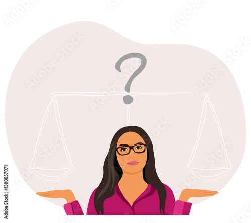 Choice, dilemma concept. Business woman choosing, making decision. Puzzled confused employee thinking, deciding between two options. Flat graphic vector illustration isolated on white background.