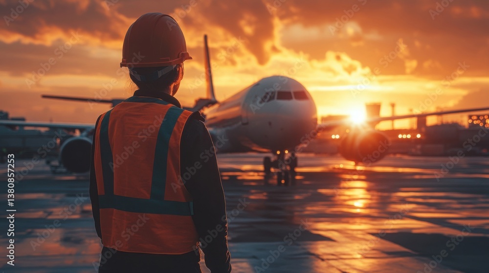 custom made wallpaper toronto digitalAirport Worker Observing Airplane at Sunset