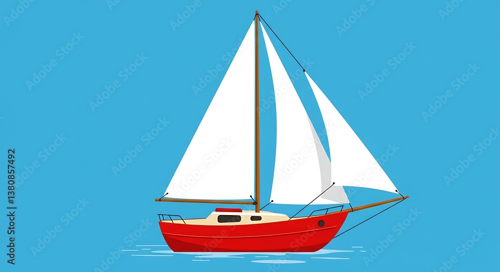 Fototapeta premium Sailing Boat Vector Illustration with White Sails on Blue Background