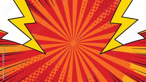Comic Book Pop Art Background Red, Orange, Yellow Rays, Power