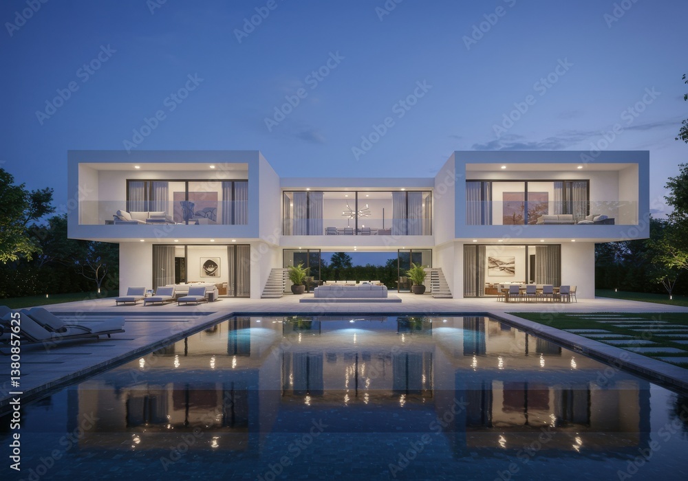 Fototapeta premium Modern white house with a pool reflecting the sky at dusk with outdoor furniture visible inside