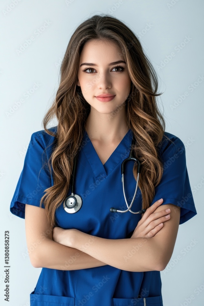 Confident Female Healthcare Professional in Blue Scrubs with Stethoscope Confident Female Healthcare Professional in Blue Scrubs with Stethoscope