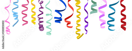 Party streamers, serpentine, curly paper ribbons. Multicolored Christmas or Birthday party decorations hanging. Vector design for greeting card, invitation. Illustration isolated on white background.