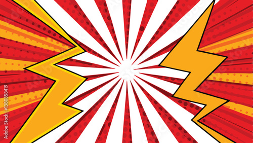 Dynamic Comic Book Background Red, White, Yellow, Lightning Bolts