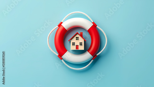 Small wooden house inside a red and white lifebuoy on a blue background, symbolizing home insurance or property protection.
