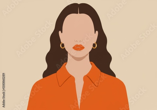 Illustration of a woman with brown hair wearing an orange shirt and gold hoop earrings facing forward