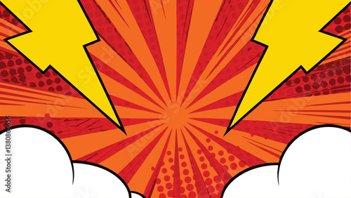 Comic Book Explosion Background Dynamic Red Orange Rays, Lightning Bolts