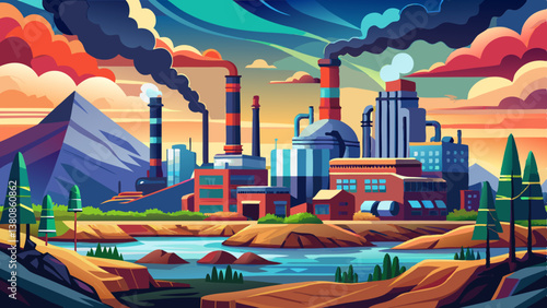 industrial landscape with heavy pollution produced by a large factory