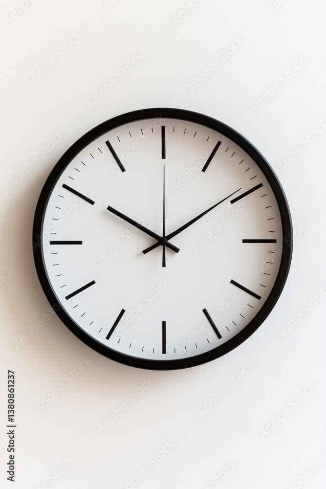 A minimalist wall clock with a black frame and white face displays the time on a neutral background. A minimalist wall clock with a black frame and white face displays the time on a neutral background.
