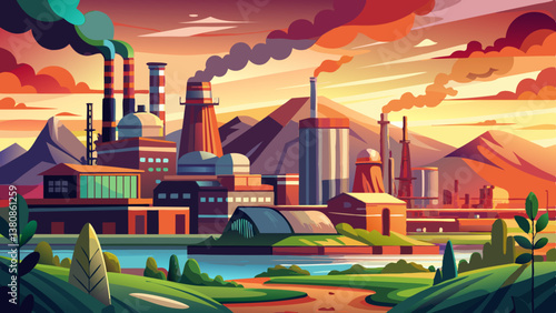 industrial landscape with heavy pollution produced by a large factory