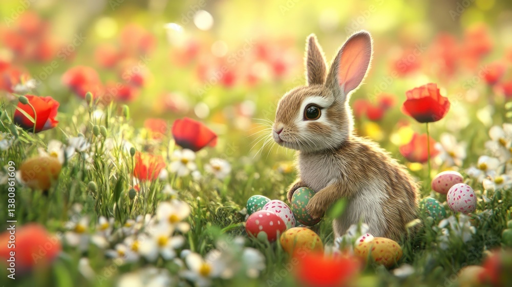 Bunny with Decorated Eggs Among Field Flowers Springtime Celebration Bunny with Decorated Eggs Among Field Flowers Springtime Celebration