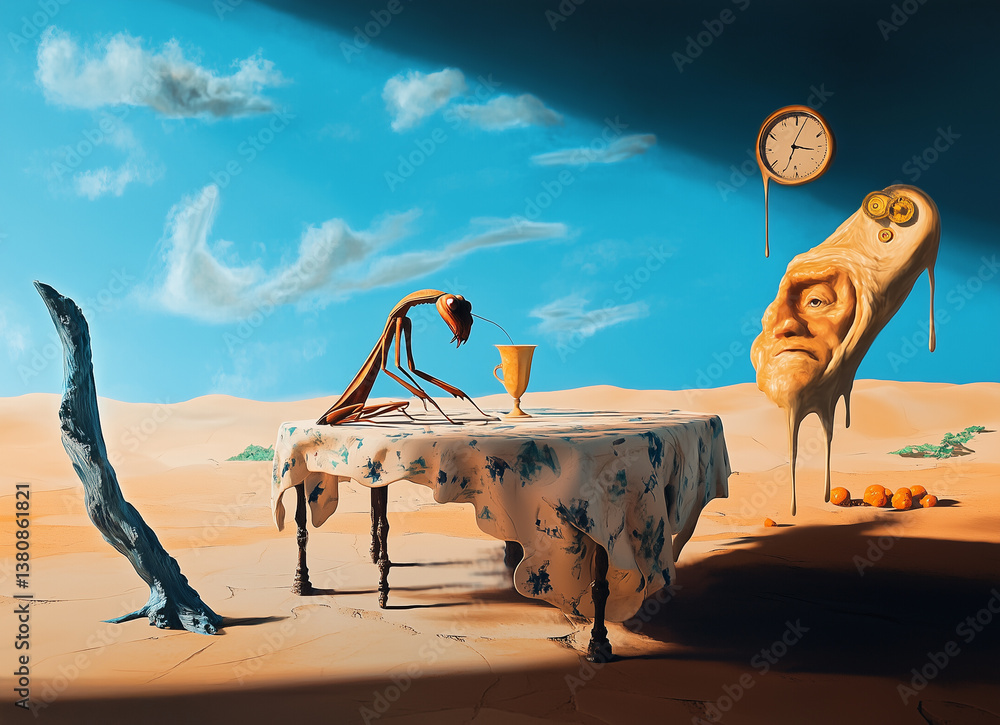 Fototapeta premium Surrealistyczna ilustracja. Fantastyczny pejzaż pustynny z topniejącymi zegarami, unoszącymi się pomarańczami i martwą rybą. Wizja snu, czasu i absurdu w klimacie malarstwa surrealistycznego.