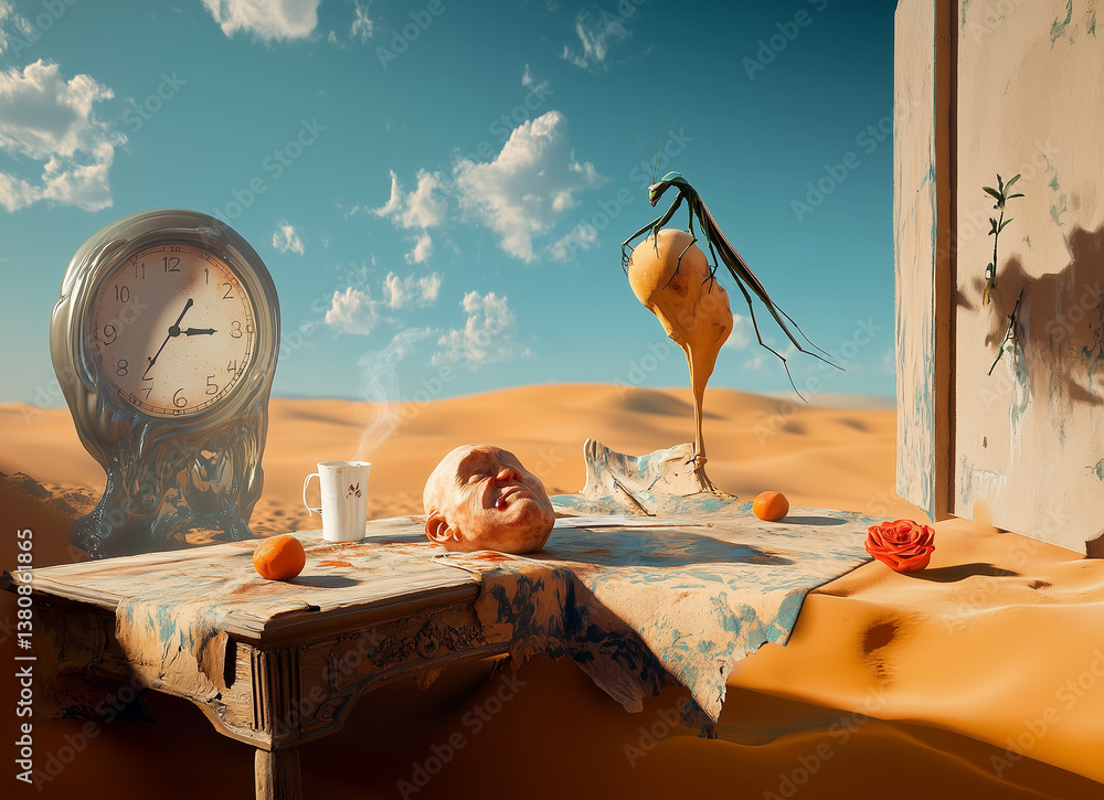 Fototapeta premium Surrealistyczna ilustracja. Fantastyczny pejzaż pustynny z topniejącymi zegarami, unoszącymi się pomarańczami i martwą rybą. Wizja snu, czasu i absurdu w klimacie malarstwa surrealistycznego.