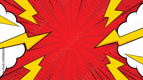 Comic Book Style Red Background with Lightning Bolts and Speech Bubbles