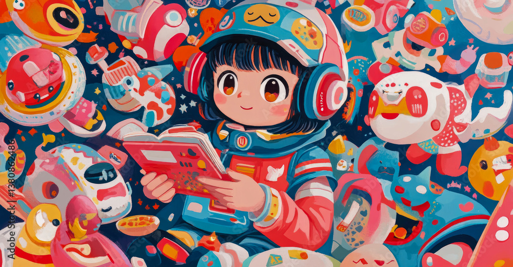 Child astronaut reading a book in space surrounded by planets and satellites, concept for educational material Child astronaut reading a book in space surrounded by planets and satellites, concept for educational material