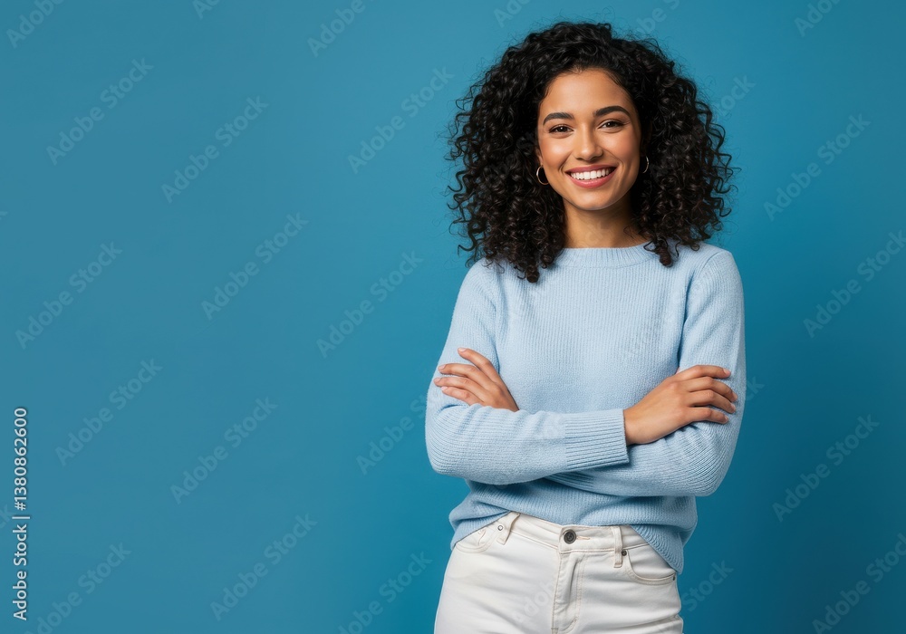 Portrait of a smiling woman with curly hair and arms crossed against a blue colored background Portrait of a smiling woman with curly hair and arms crossed against a blue colored background