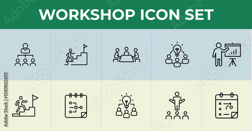 Workshop icons in line style for business, teamwork, coaching, and management