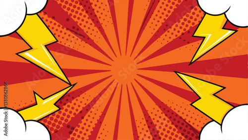 Comic Book Style Background, Exploding Orange Rays, Lightning Bolts